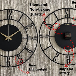 Moderne Mid-Century-Wanduhr, Metall mit Holzwanduhr, übergroße stille Uhr, einzigartige Wohnuhr, Bauernhaus-Wanduhr, Design-Uhr-Kunst Bild 9