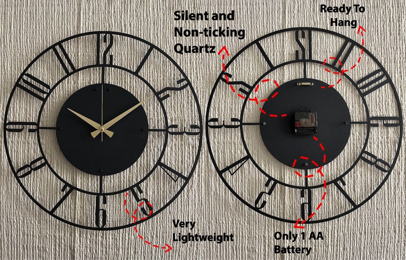 Moderne Mid-Century-Wanduhr, Metall mit Holzwanduhr, übergroße stille Uhr, einzigartige Wohnuhr, Bauernhaus-Wanduhr, Design-Uhr-Kunst Bild 9