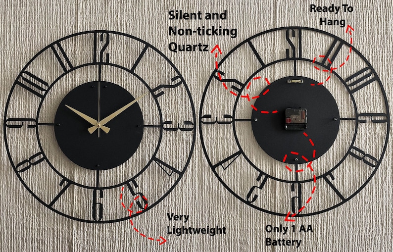 Black Large Wall Clock, Modern Wooden Wall Clock, Mid Century Silent Clock, Retro Wall Clock, Unique Clock for Wall, Metal Wooden Home Clock image 13