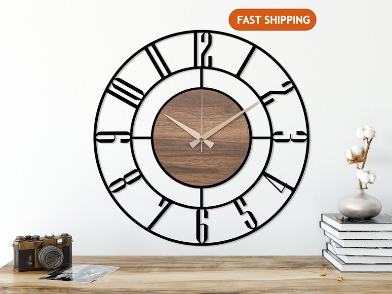 Black Large Wall Clock, Modern Wooden Wall Clock, Mid Century Silent Clock, Retro Wall Clock, Unique Clock for Wall, Metal Wooden Home Clock image 1