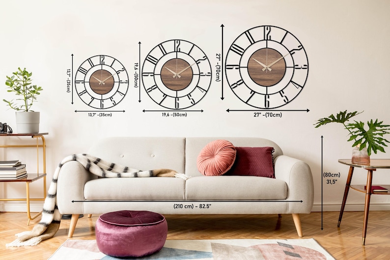 Black Large Wall Clock, Modern Wooden Wall Clock, Mid Century Silent Clock, Retro Wall Clock, Unique Clock for Wall, Metal Wooden Home Clock image 12