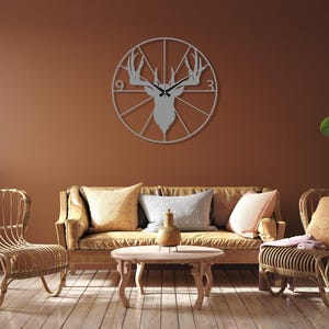 Metal Deer Wall Clock, Deer Head Wall Clock, Farmhouse Wall Clock, Mid-century Oversize Wall Clock, Outdoor Metal Wall Clock, Horloge Murale Silver