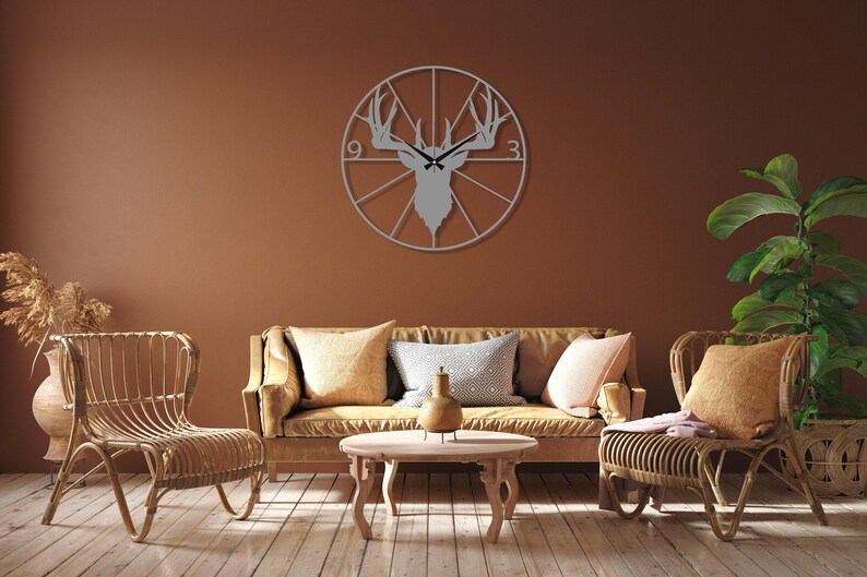 Metal Deer Wall Clock, Deer Head Wall Clock, Farmhouse Wall Clock, Mid-century Oversize Wall Clock, Outdoor Metal Wall Clock, Horloge Murale Silver