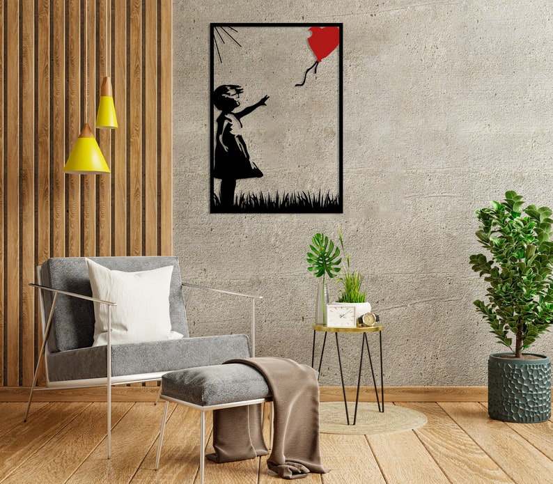 BANKSY Balloon Girl Metal Wall Art, Banksy Girl con globo, gran arte de graffiti Banksy, decoración moderna de la pared para la sala de estar, decoración del hogar imagen 6