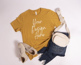 Bella Canvas 3001 Mustard Mockup, Mustard Mockup, Bella Canvas 3001 Tshirt Mockup, Layflat Mockup, Boho Mockup, BC3001 Mustard Mock Up