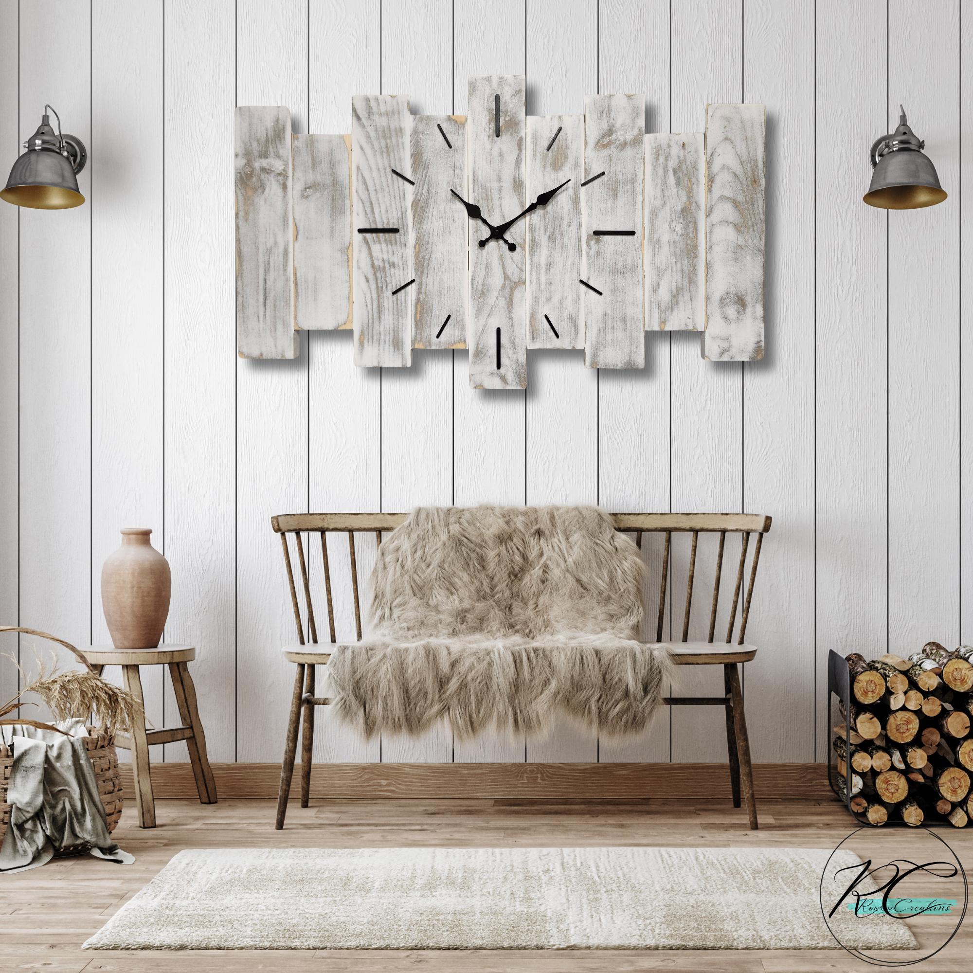 Wood clock, Rustic clock, Distress wooden clock, Wall decoration, Rectangular wood clock, Rustic white/grey clock, House decoration, Clock