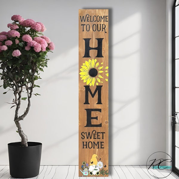 Welcome to our home sweet home porch sign, Summer porch sign, Gnome and flower porch sign, Vertical porch sign, Outdoor/indoor wood sign