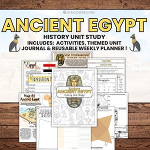 May include: A printable Ancient Egypt history unit study for kids. The colorful resource includes activities, a themed unit journal, and a reusable weekly planner. The cover features a black and gold illustration of an Egyptian pharaoh's mask.