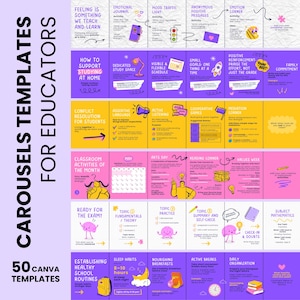 Puede incluir: Un conjunto de plantillas digitales de Canva para educadores, con 50 plantillas con diseños coloridos. Las plantillas cubren temas como actividades en el aula, hábitos de estudio y bienestar emocional, con texto como "Feeling is Something We Teach and Learn."