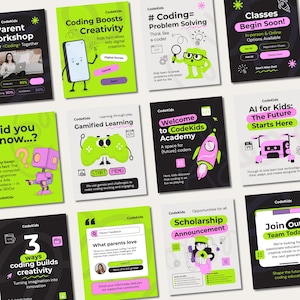 STEM Coding School Instagram Templates | Robotics Tech Academy Posts | Python AI Programming Tutor | Editable Education Social Media Kit