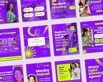 May include: A collection of nine colorful social media posts promoting digital marketing services. The posts feature bright purple and yellow backgrounds with text such as "Our Services", "Tips about Marketing", "Ready to build your brand?", "Boost Your Business Now!" and "What is Digital Marketing Agency?"