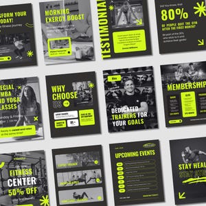 Puede incluir: Una colección de folletos promocionales para un gimnasio, con un esquema de color negro y verde neón. Los folletos anuncian varios servicios, incluyendo yoga, clases de Zumba y opciones de membresía. El texto incluye "Morning Energy Boost" y "Dedicated Trainers for Your Goals."