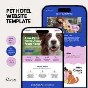 May include: A digital pet hotel website template displayed on two smartphone screens. The interface features blue and pink colour schemes, text including 'Your Pet's Home Away From Home', 'About Our Pet Hotel', and 'Why Choose Us', along with photos of dogs.
