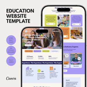 May include: An education website template displayed on two smartphone screens. The interface features purple and orange accents, text reading 'Where Passion Meets Expertise, Learn Without Limits', and sections for mentorship, flexible scheduling, and expert profiles.