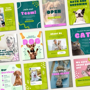 Puede incluir: Una colección de doce plantillas rectangulares para redes sociales con temática de mascotas, que incluyen varios perros y gatos, paletas de colores vibrantes en verde, rosa y turquesa, y elementos de texto en negrita como Join our Team y Bath and Grooming.