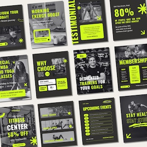 Op de afbeelding: Een verzameling van twaalf zwart-wit social media sjablonen voor een fitnesscentrum met limoengroene tekst en accenten. De ontwerpen bevatten promotionele afbeeldingen, lesroosters, lidmaatschapsniveaus en evenementenlijsten met dikke typografie.