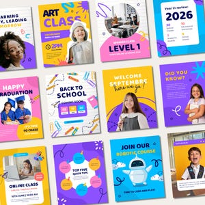 Puede incluir: Una colección de doce folletos educativos coloridos con estudiantes diversos, gráficos escolares y texto que incluye Art Class, Back to School, Spanish Class Level 1, Year in Review 2026 y Join Our Robotic Course.