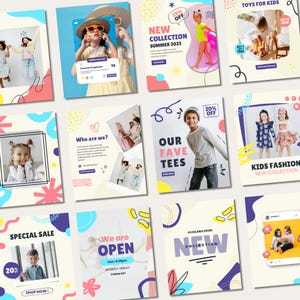 Mais de 90 modelos do Canva para moda infantil | Loja de roupas infantis | Mídias sociais para boutiques | Instagram editável para negócios infantis