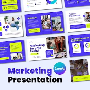 Puede incluir: Una plantilla de presentación de marketing con un esquema de color azul y amarillo. La plantilla incluye diapositivas para acerca de nosotros, objetivos del proyecto, indicadores clave de rendimiento y un lienzo de plan de negocios. La presentación se titula "Presentación de marketing" e incluye el logotipo de Canva.