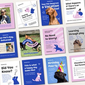 Pode incluir: Uma coleção de doze cartões informativos de marketing para a Pawtel & Co. apresentando vários cães, descrições de serviços de cuidados para animais de estimação, calendários e listas de verificação em tons de azul, rosa e branco.