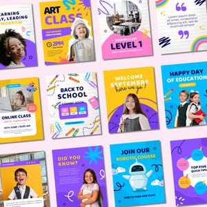 Peut inclure: Une collection de graphiques de médias sociaux colorés pour la rentrée scolaire, mettant en scène des images d'enfants, d'enseignants et de salles de classe. Les graphiques comprennent des textes tels que "Cours d'art", "Retour à l'école", "Bienvenue septembre" et "Journée de l'éducation".
