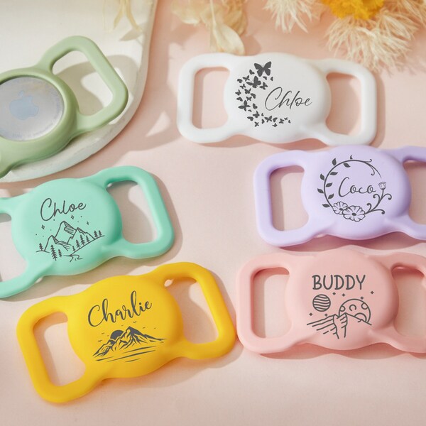 Custom Pet AirTag Collar Holder,Engraved Airtag case for dog collar,AirTag Cat Collar,Slide on dog name tag,Silicone Silent Dog Airtag Case