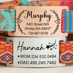 May include: Two personalized dog tags. The top tag is rose gold with the name "Murphy" and contact information. The bottom tag is silver with the name "Hannah" and phone numbers labeled "MOM" and "DAD".