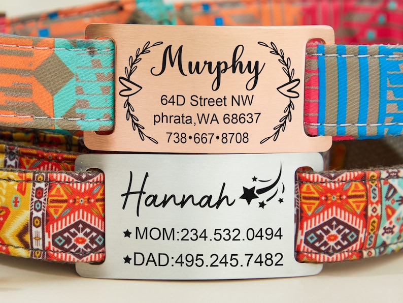 May include: Two personalized dog tags. The top tag is rose gold with the name "Murphy" and contact information. The bottom tag is silver with the name "Hannah" and phone numbers labeled "MOM" and "DAD".