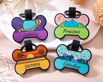 Personalized Silicone Dog Tag,Custom Bone Shaped Silent Collar Dog Tag,Nature-Inspired Artwork Pet ID Tag,Soundless Dog Tag For Dog,Pet Gift