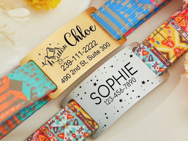 May include: Two personalized dog tags with colorful patterned straps. The gold tag has a mountain scene and the text "Chloe 239-111-2222 490 2nd St, Suite 300". The silver tag has stars and the text "Sophie 123-456-7890".