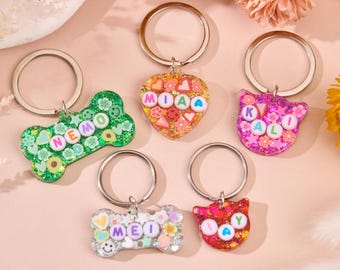 Placa de identificación personalizada para perro, placa de identificación de resina brillante para perro, placa de identificación para gato, placa de identificación para mascota con cuentas de letras, placa de identificación de resina personalizada para perro, placa de collar para mascota, regalos para cachorros.