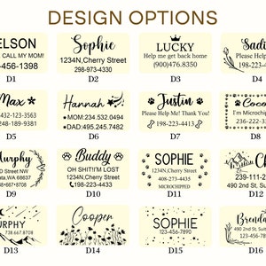 May include: A set of 16 different pet ID tag designs. Each design features a different name, phone number, and graphic. The designs include a variety of colors, fonts, and graphics, such as paw prints, stars, and flowers.