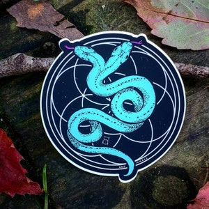 May include: A sticker featuring a turquoise blue snake with a geometric pattern, intertwined with itself, on a black background with a white circle and geometric design.