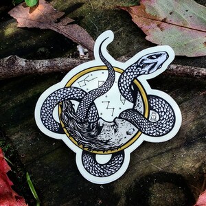 May include: A black and white sticker of a snake wrapped around a clock face with a gold background. The clock face has a constellation design.