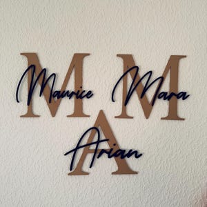 Op de afbeelding: Drie houten muurbrieven die de namen Maurice, Mara en Arian spellen. De grote, bruine hoofdletters zijn gecombineerd met de namen in een donkerblauwe, cursieve letter. De letters zijn gemonteerd op een getextureerde, gebroken witte muur.