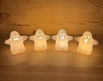 Bonitas figuras de fantasmas brillantes de Halloween hechas de PLA, incluyendo velas LED, fantasmas de impresión 3D sostenibles, linda decoración de fantasmas, decoración de Halloween.