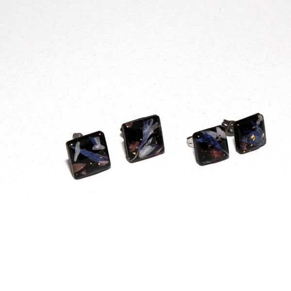 Unique Handmade Epoxy Earring Studs  Real Flowers Goldflakes Black