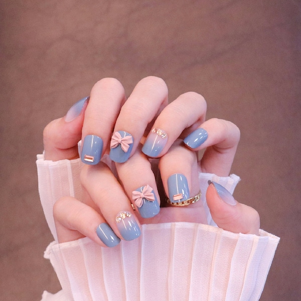 Trendy Haze Blue with crystals Bow tie short square Press on nails| CUTE Summer false fake decals designs| US Kawaii art reusable 24 pcs kit