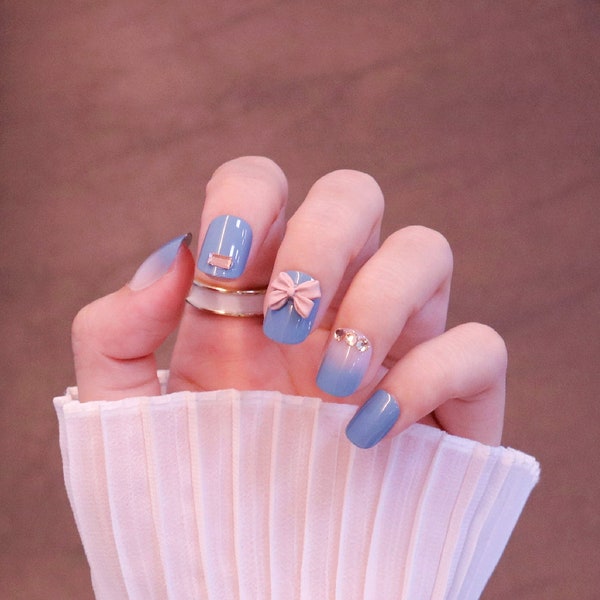 2023 Special Haze Blue with Golden Pearls Gradient Press on nails\ Fall Birthday Party designs fake false\ Autumn Japanese Short Square Gift