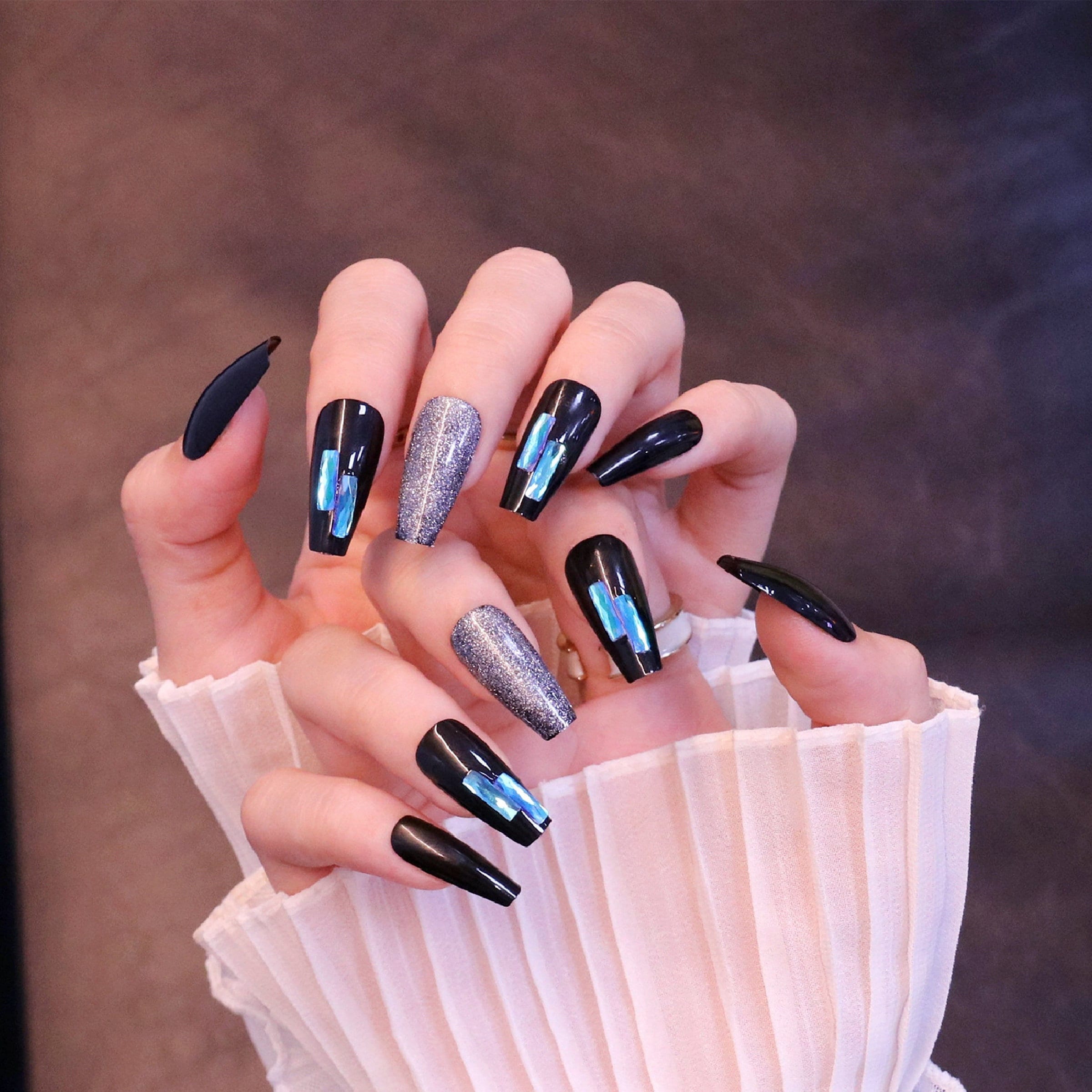 Drag Nails Black Glitter ( 24 Pcs ) - Drag Universe