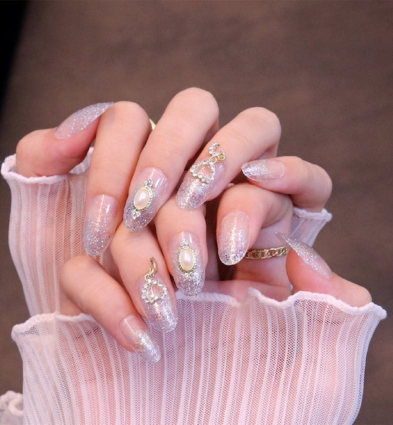 Cute Pink Pearl Nails With Shimmer, Nails With Gems