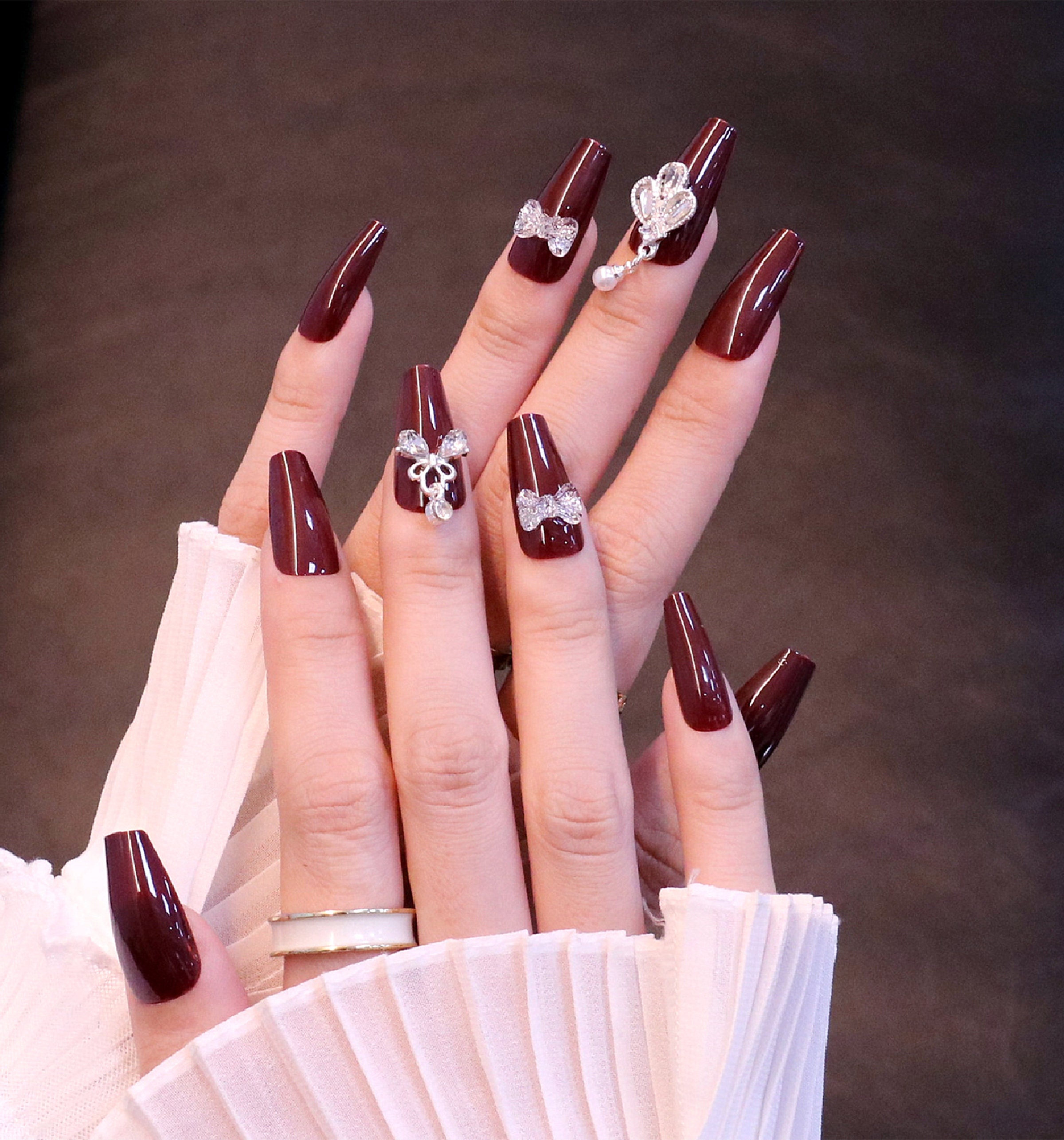 2022 Glossy Maroon With Butterfly Press on Nails Long Coffin