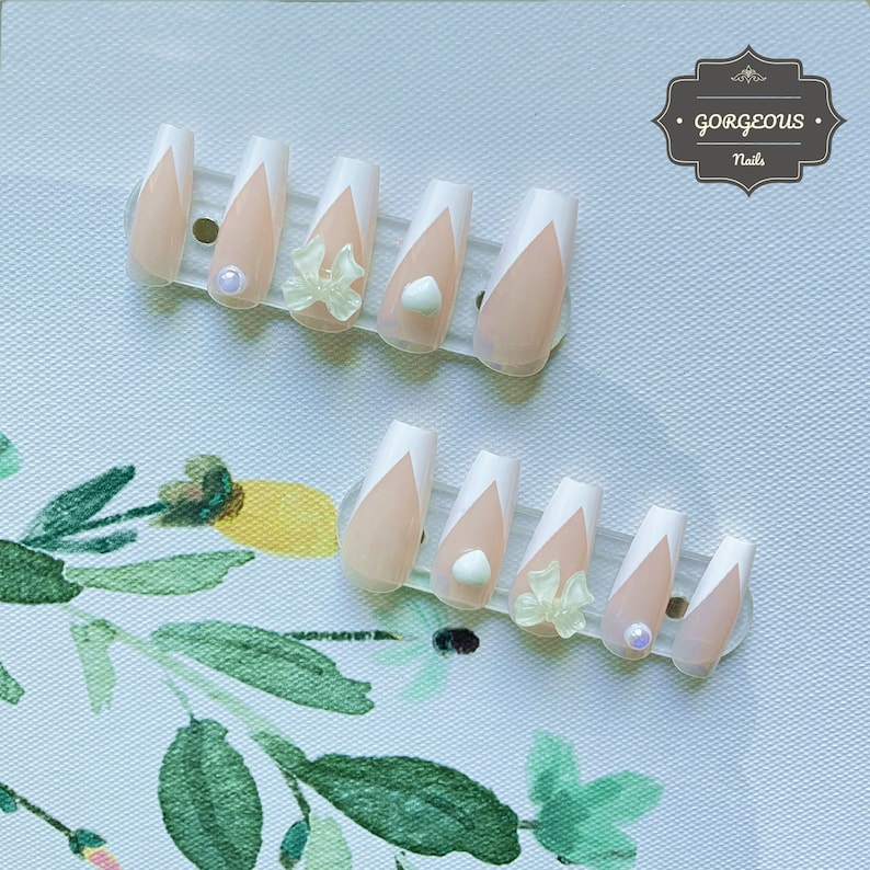 2023 Light Pink French Tip White Heart Long Coffin Press on - Etsy