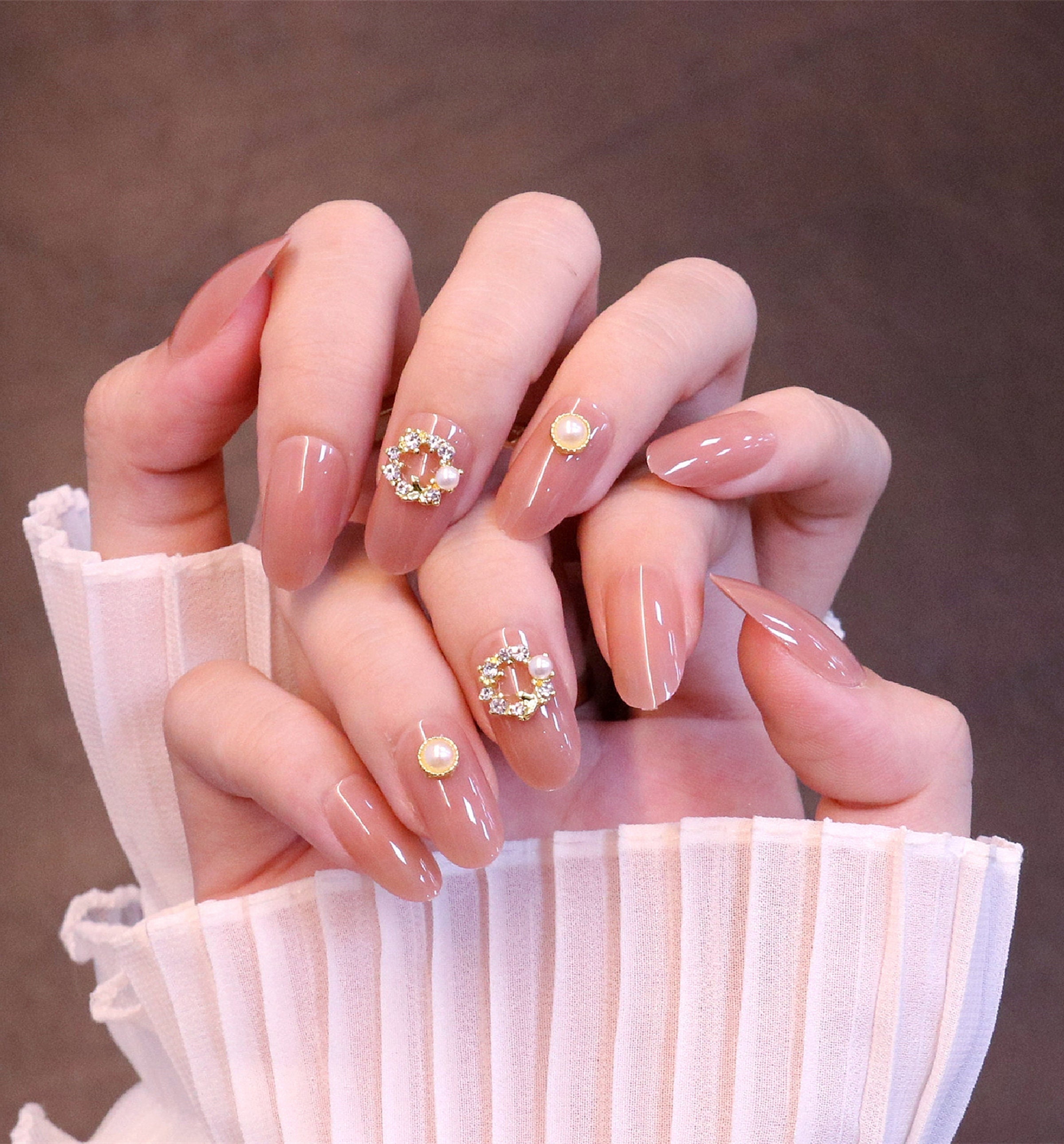 CUTE Multicolor Peach Marble With Pearls Bow Tie Press on Nails
