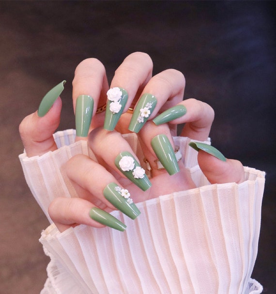 2023 Matcha Green With Elegant Flower Long Coffin Press on 