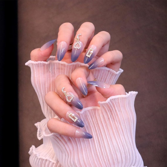 24pcs/set Long Coffin Light Blue French Manicure Fake Nails With Rhinestone