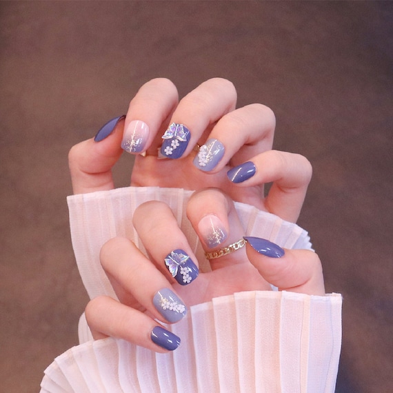 24 Pcs/set Blue Glitter Butterfly Fake Nails Long Coffin Acrylic