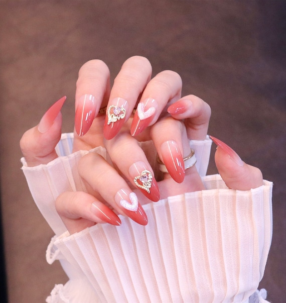 24 Pcs/Set French Bride Full Cover Red False Nails Rhinestones Crystal 3D  Design Acrylic Fake Nail Tips 