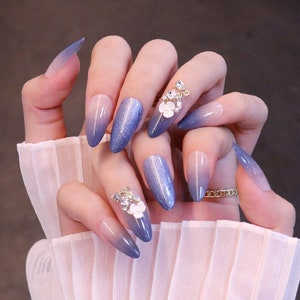 2023 Gradient Sapphire Blue Flower Long Almond Trendy Press On Nails| CUTE Summer Fall Acrylic set Designs| False Fake art charms 24 pcs kit