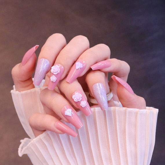 Pink Rhinestone Studded Press on Nails -  Hong Kong